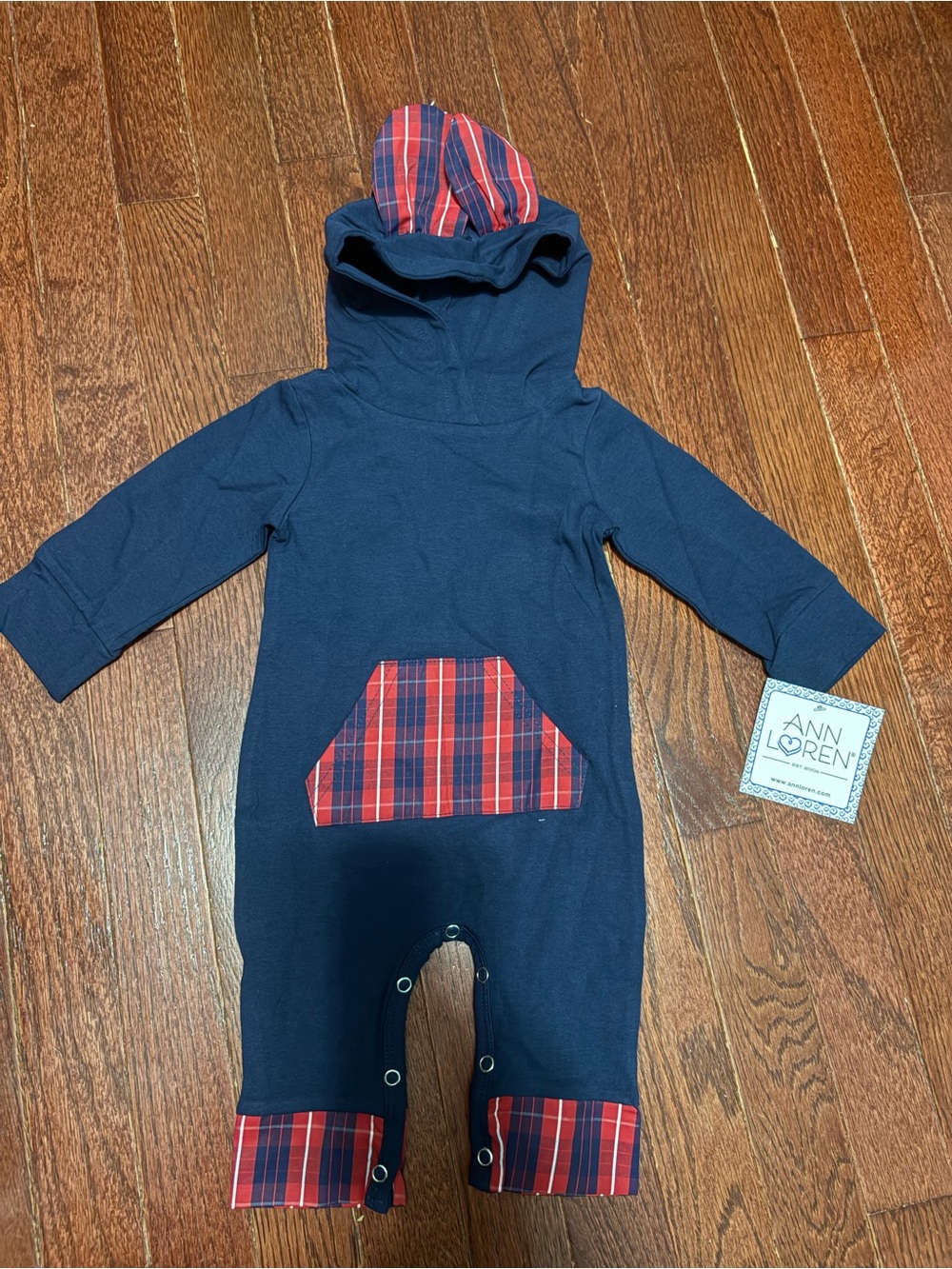 Ann Loren Navy One-Piece with Red Plaid Hood & Pocket